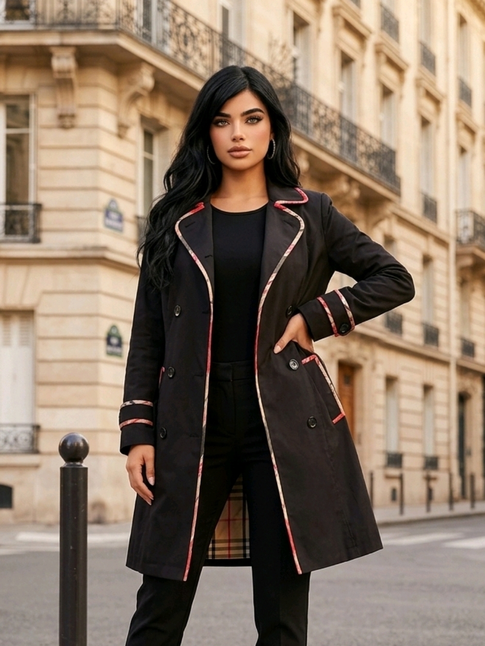 Bandolino Black Trench Coat with Red Trim